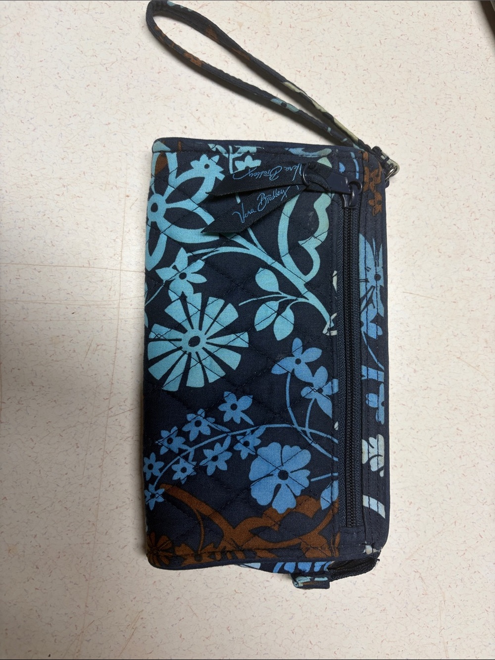 Vera Bradley Navy Floral Quilted Wristlet with Blue Accents